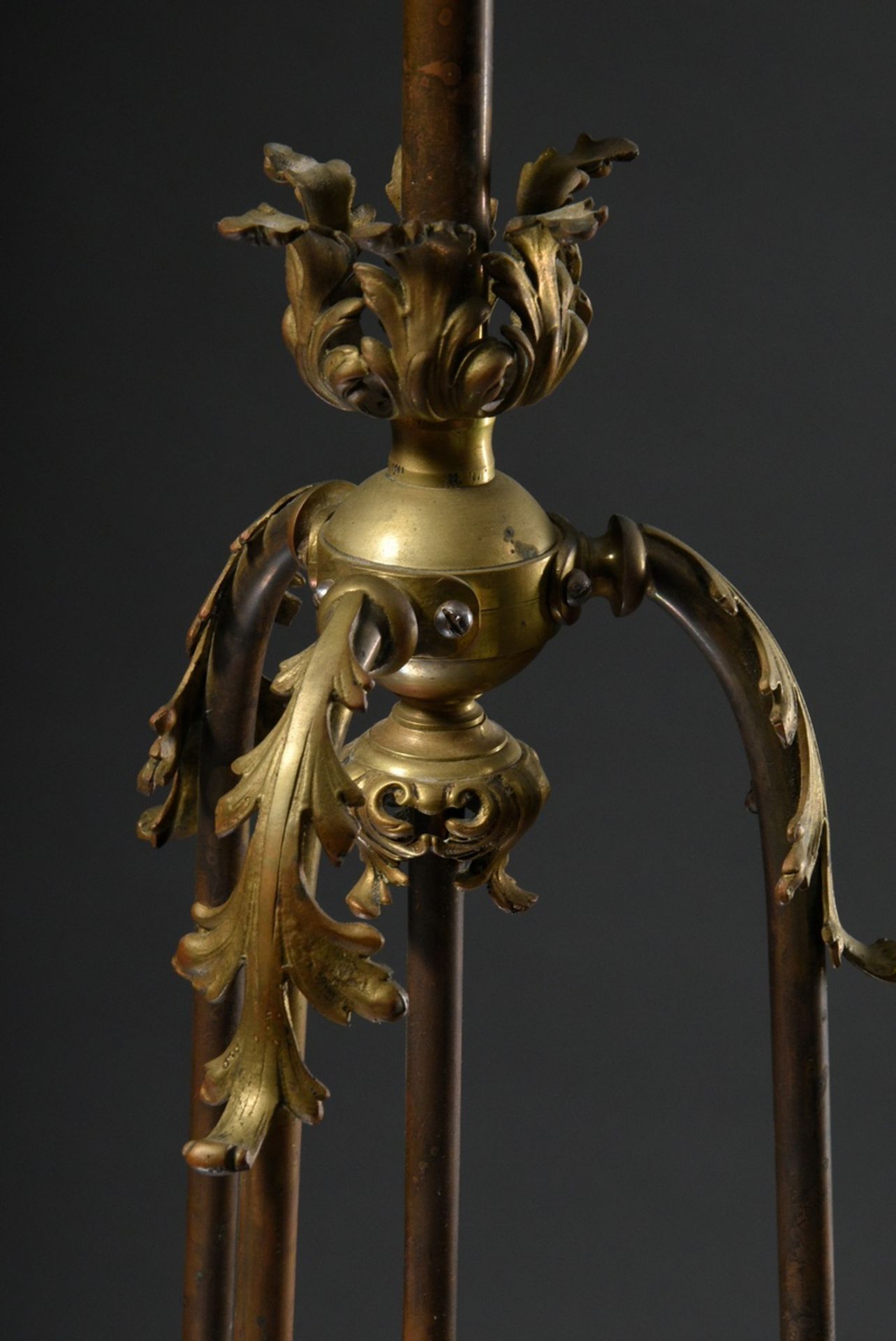 Wilhelminian period ceiling lamp with 4 frosted "flames" glass domes on brass frame with floral dec - Image 12 of 12