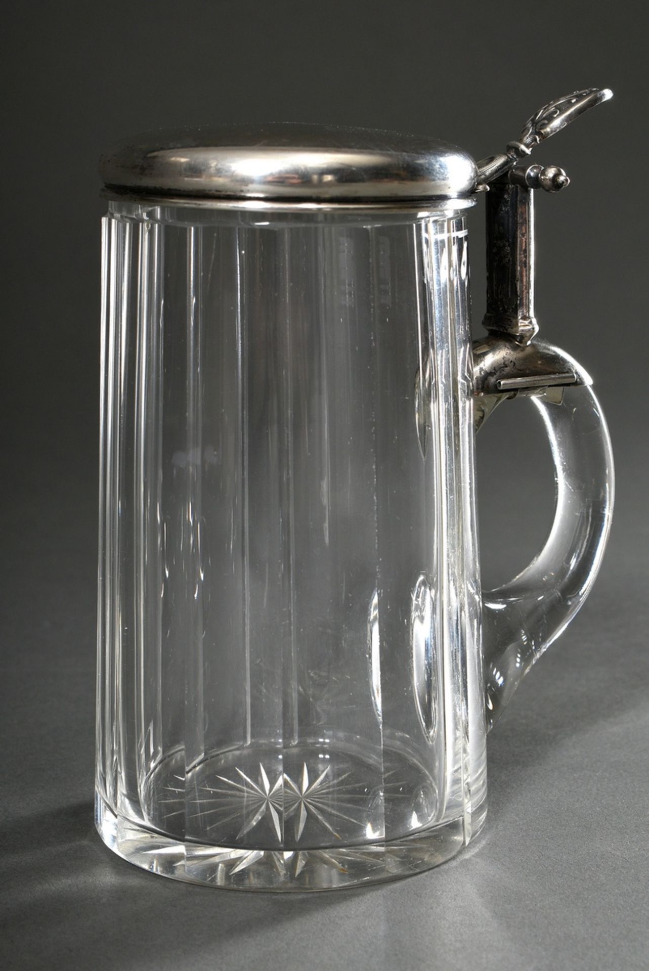 Glas Humpen mit Flächenschliff und Silber 800 Deckelmontur mit Historismus Dekor, Eichstrich 0,5L, 