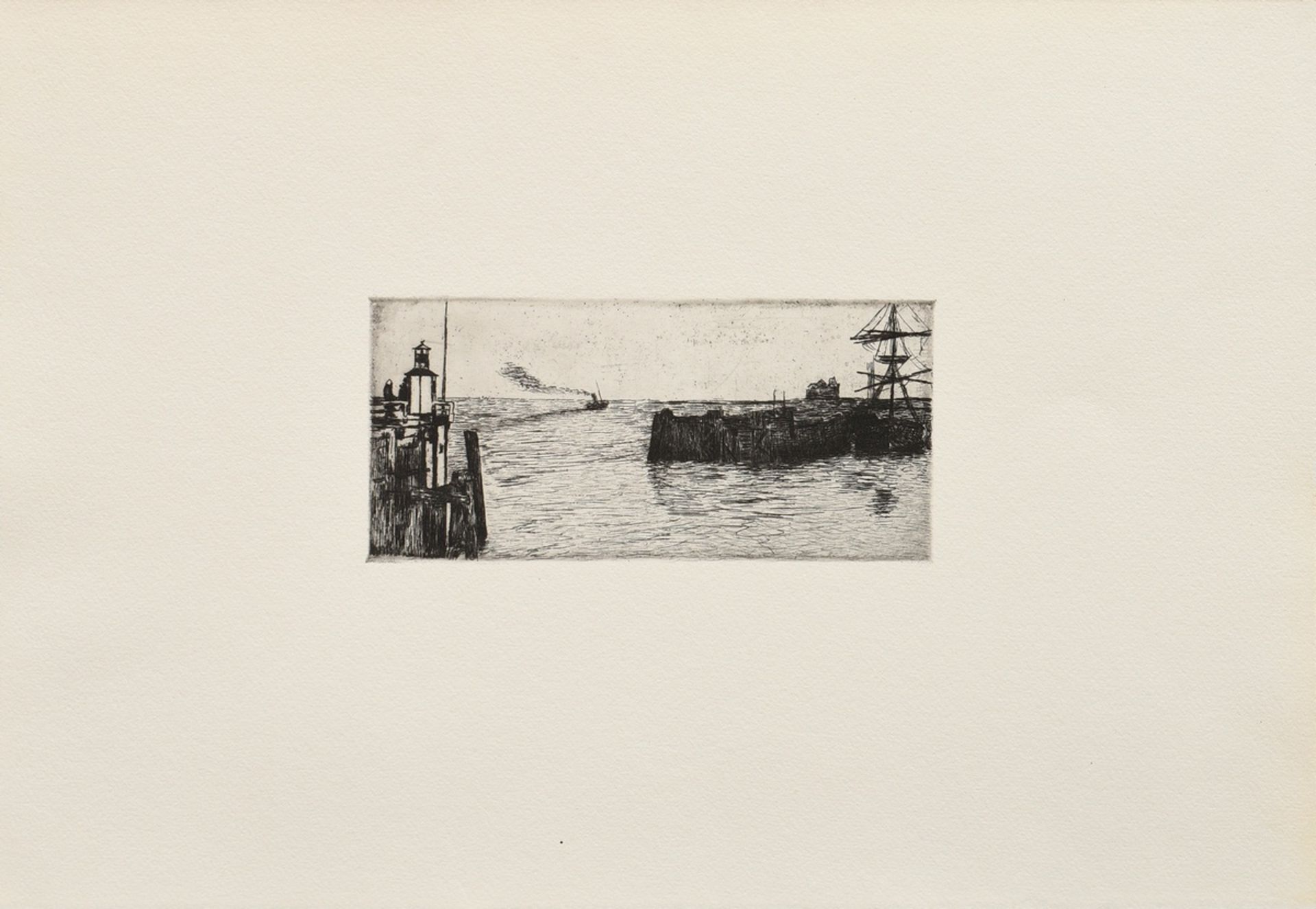 Schaper, Friedrich (1869-1956) "Hafenausfahrt mit Dampfschiff", Radierung, verso Nachlassstempel, P - Bild 2 aus 3