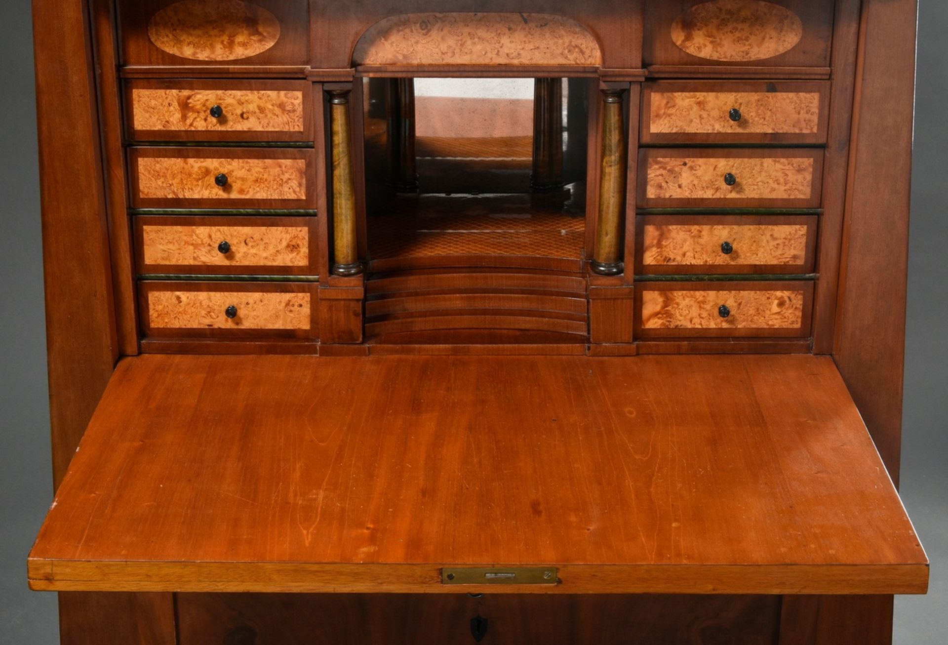 Conical Biedermeier writing cabinet with segmental arch in the writing flap, coffered drawers and d - Image 5 of 12