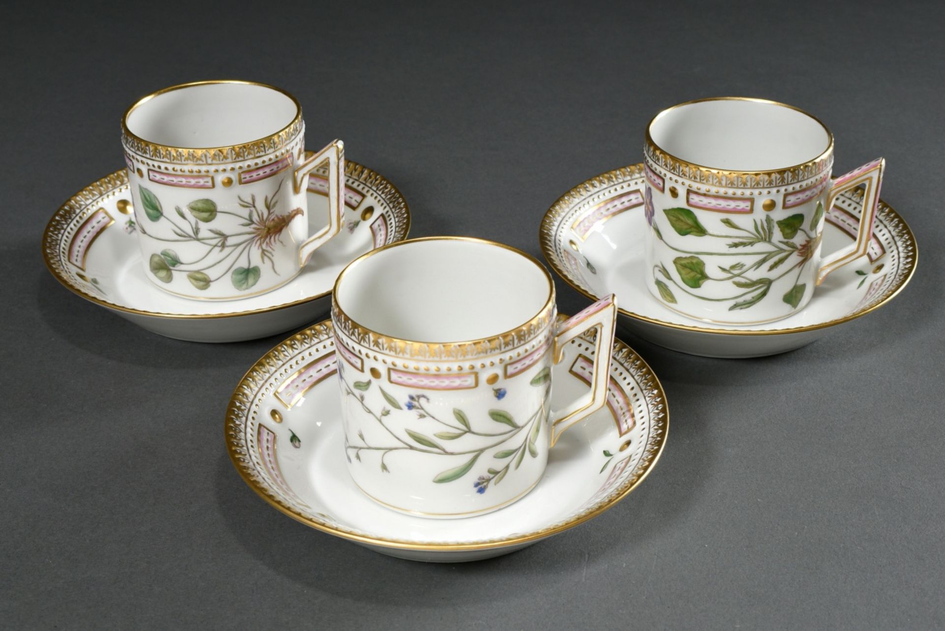 3 Royal Cophenhagen "Flora Danica" coffee cups/saucers in cylindrical form with circular polychrome - Image 2 of 5