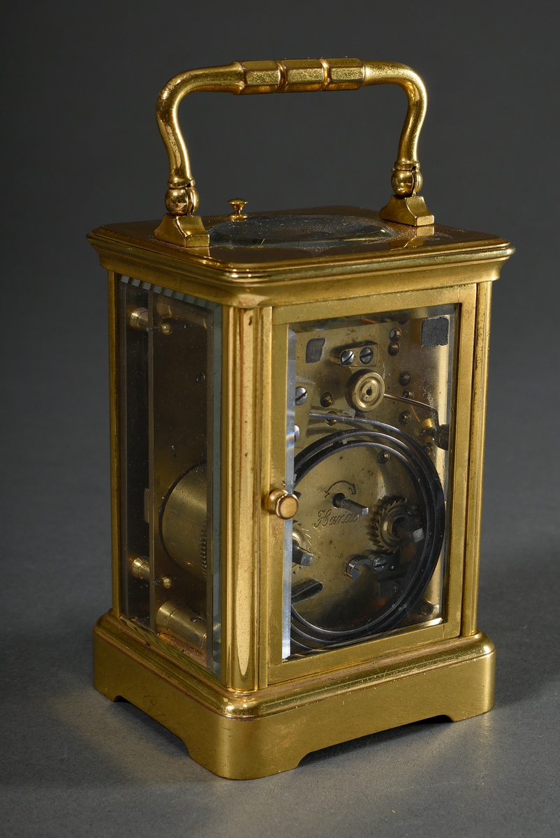 French travelling clock with enamel dial in gilded brass case glazed on all sides, movement with re - Image 3 of 10