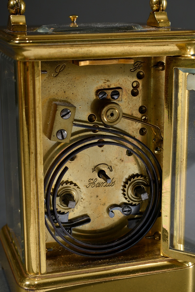 French travelling clock with enamel dial in gilded brass case glazed on all sides, movement with re - Image 5 of 10