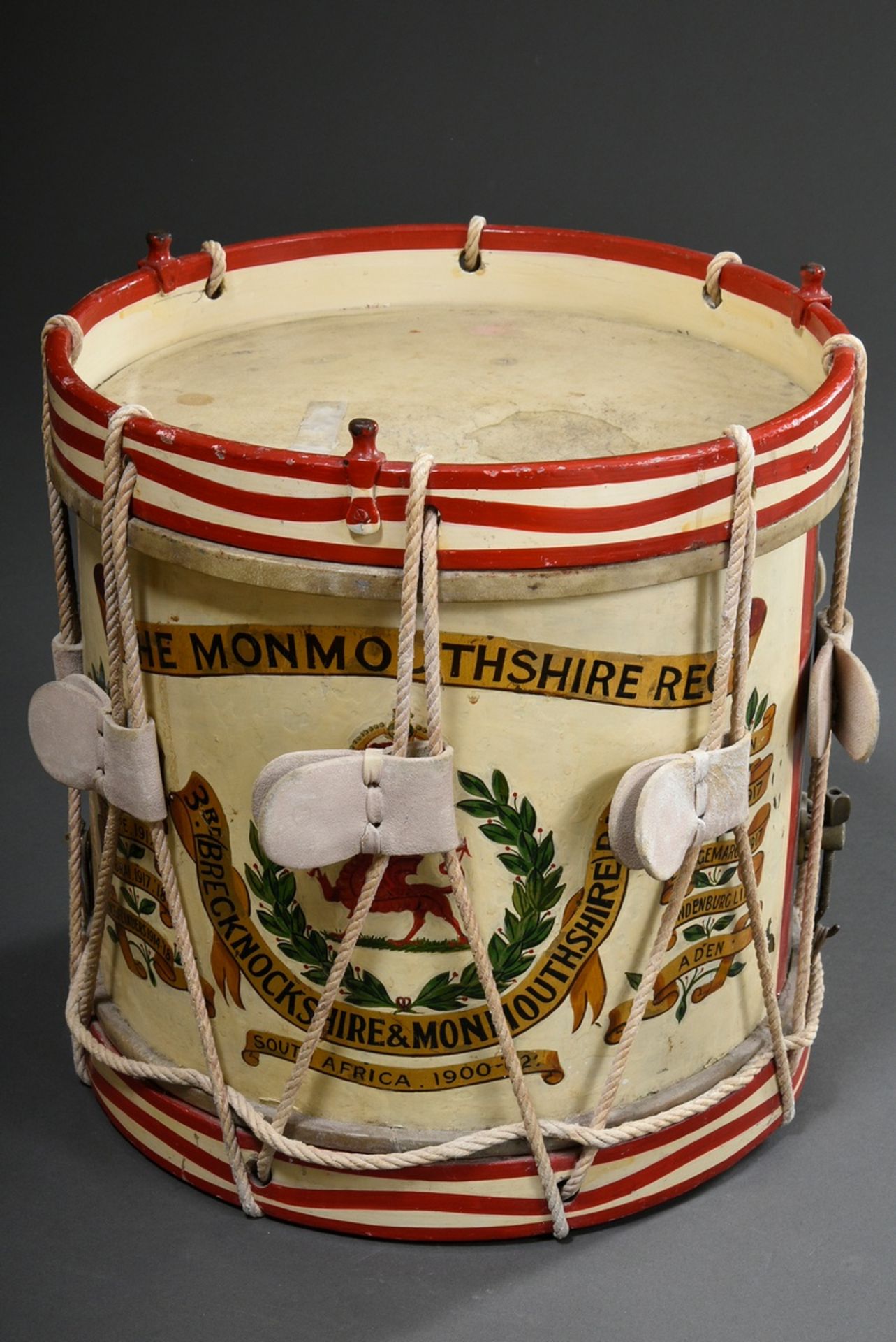 English regimental drum "The Monmouthshire Regiment", inscribed on the side: "Ypres 1915/17/18, Som - Image 2 of 6
