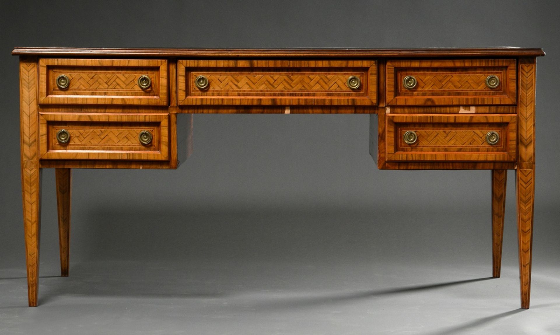 Representative free standing desk in Louis XVI style with herringbone veneer and gold punched leath - Image 2 of 12