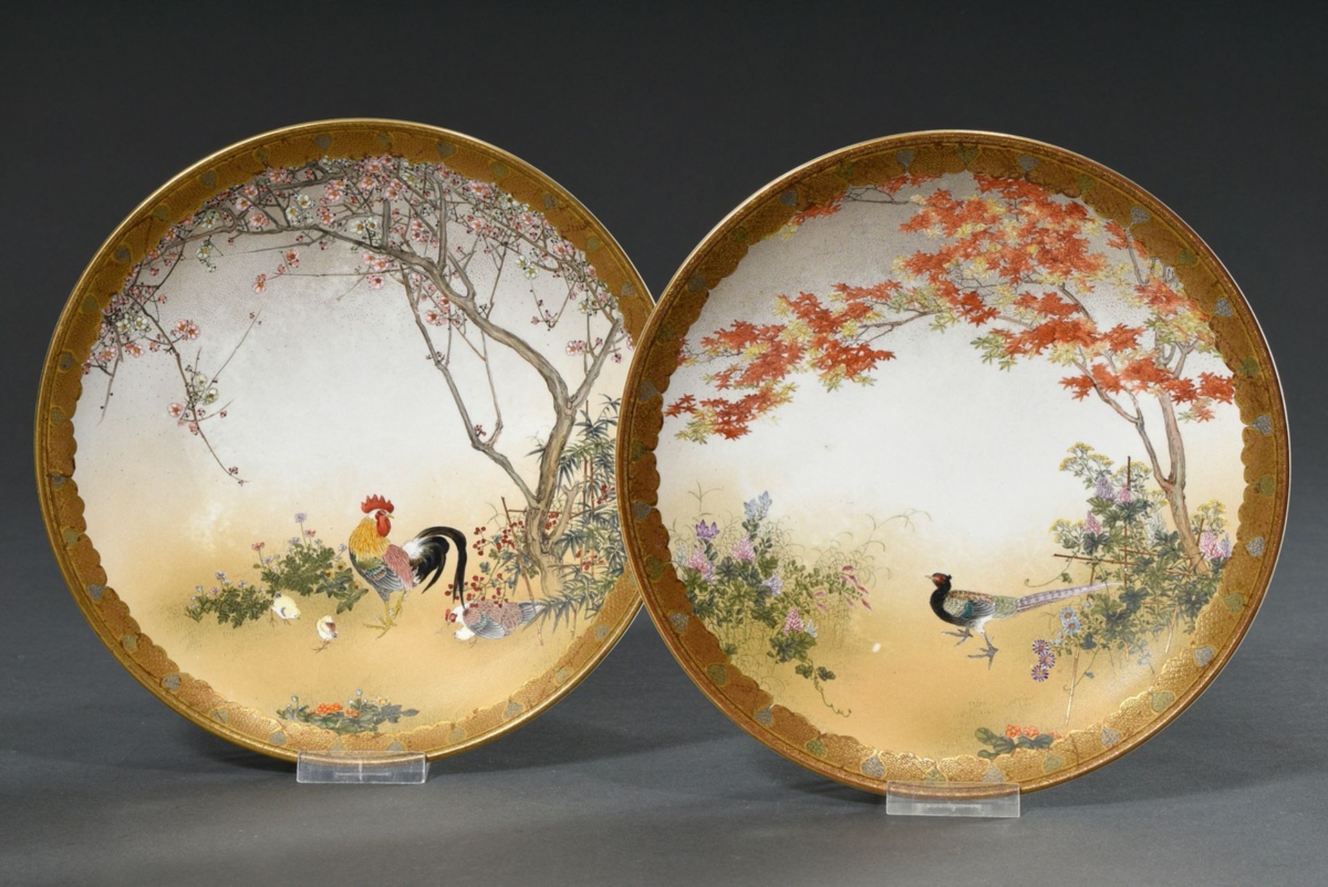 Pair Satsuma plates "Pheasant, flowers and maple" and "Cock, hen and chick under a blossoming cherr