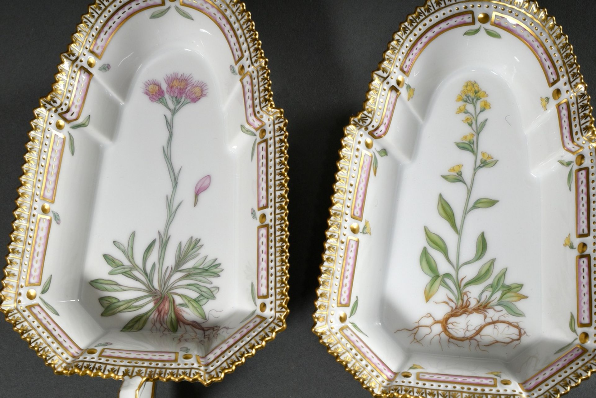 A pair of Royal Copenhagen "Flora Danica" bowls with polychrome painting and gold decorated serrate - Image 3 of 6