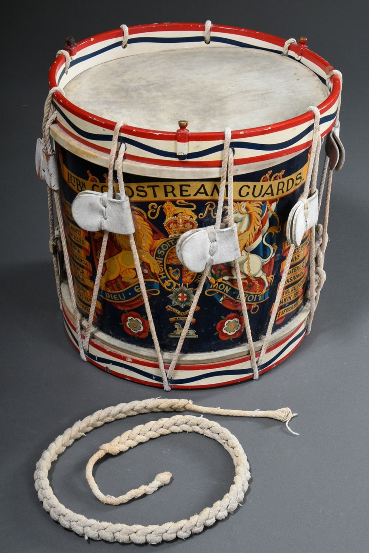 English regimental drum "1st Battalion Coldstream Guards", laterally inscribed :. : "Tangier 1680, 