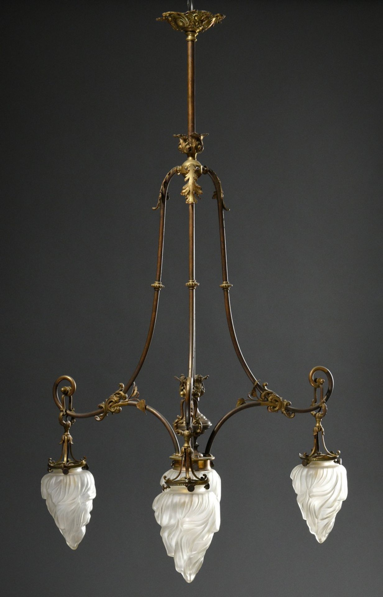 Wilhelminian period ceiling lamp with 4 frosted "flames" glass domes on brass frame with floral dec - Image 3 of 12