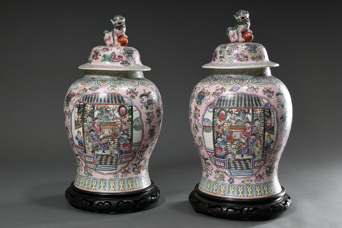 Pair of Chinese baluster vases with Famille Rose painting "Blossoms, Fruits and Scholar Objects" on - Image 2 of 13