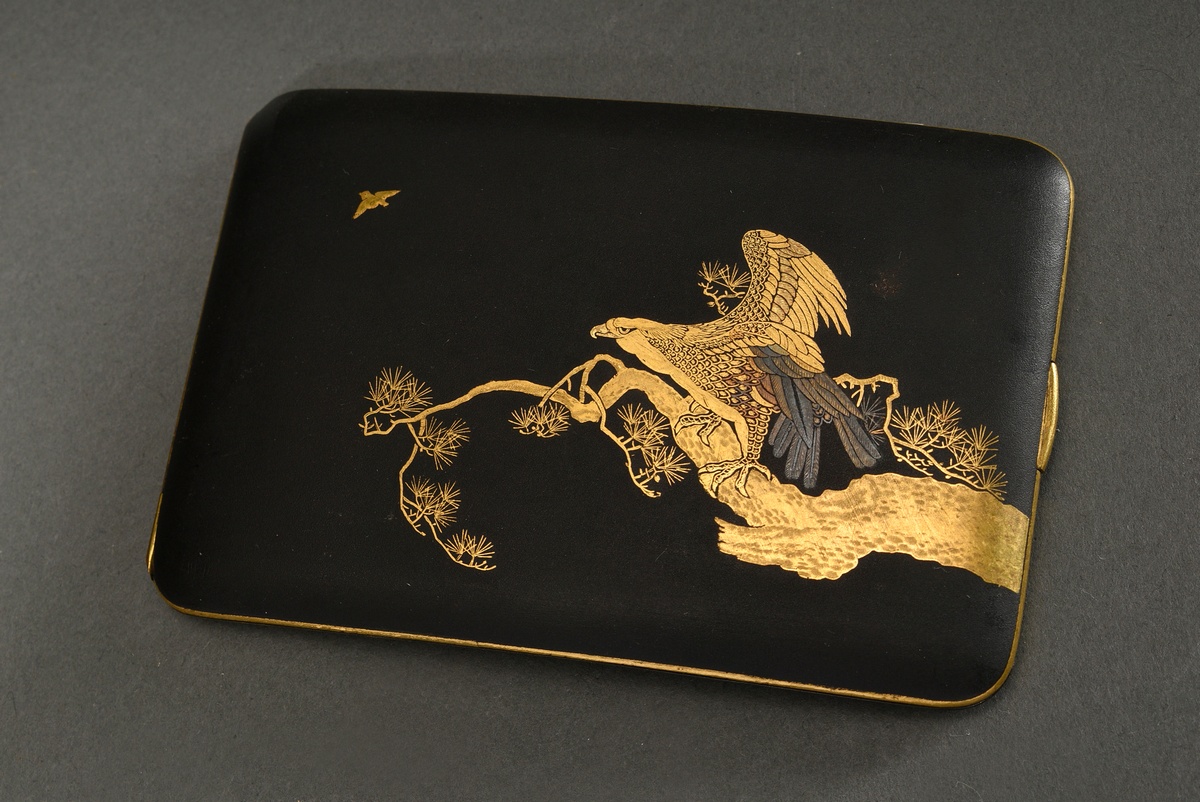 Cigarette case in Komai style "sparrow and bird of prey on pine", blackened iron with fine shakudo,
