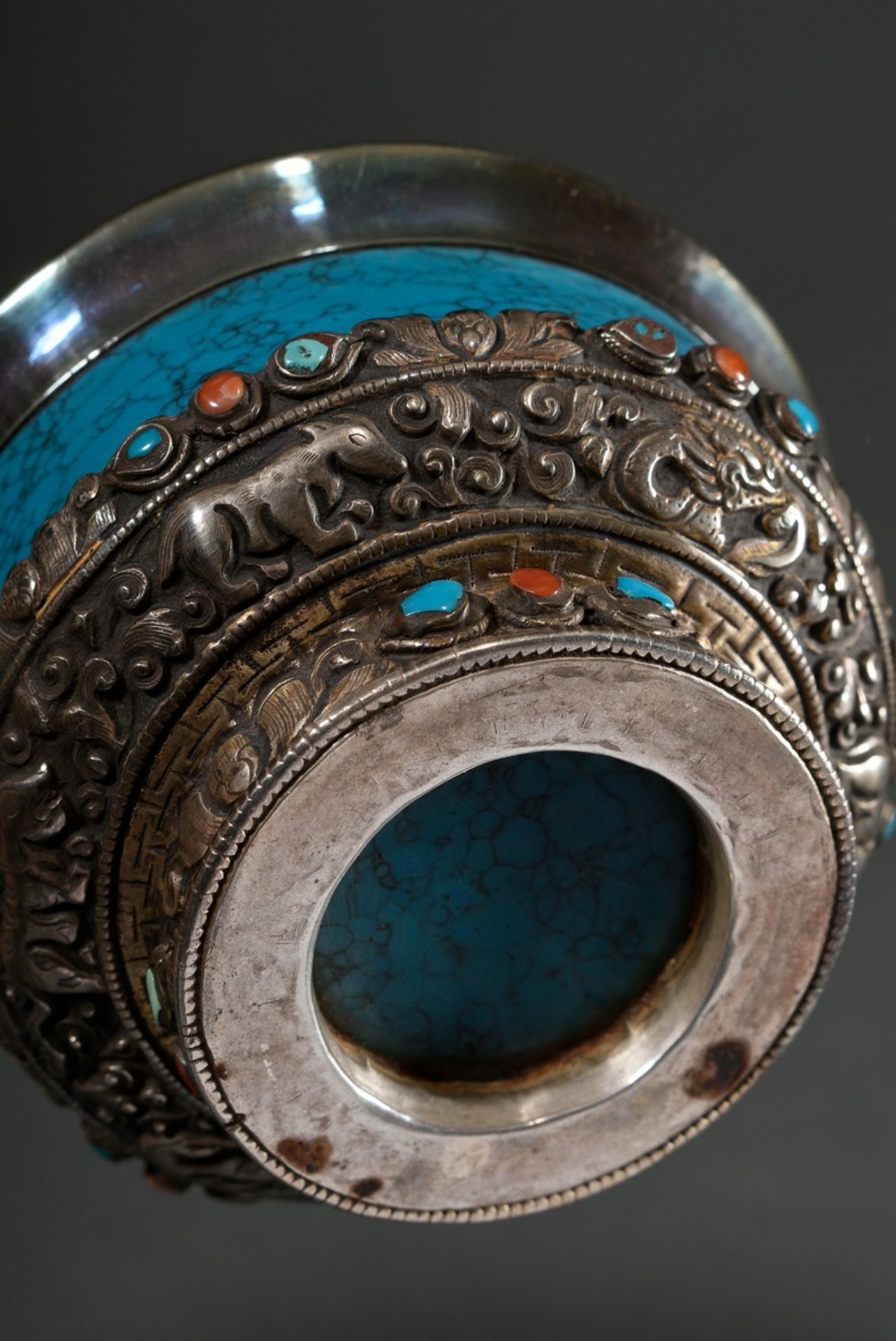 Butter tea bowl "Jha Phor", turquoise with silver mountings in relief "tendrils, blossoms, depictio - Image 3 of 3