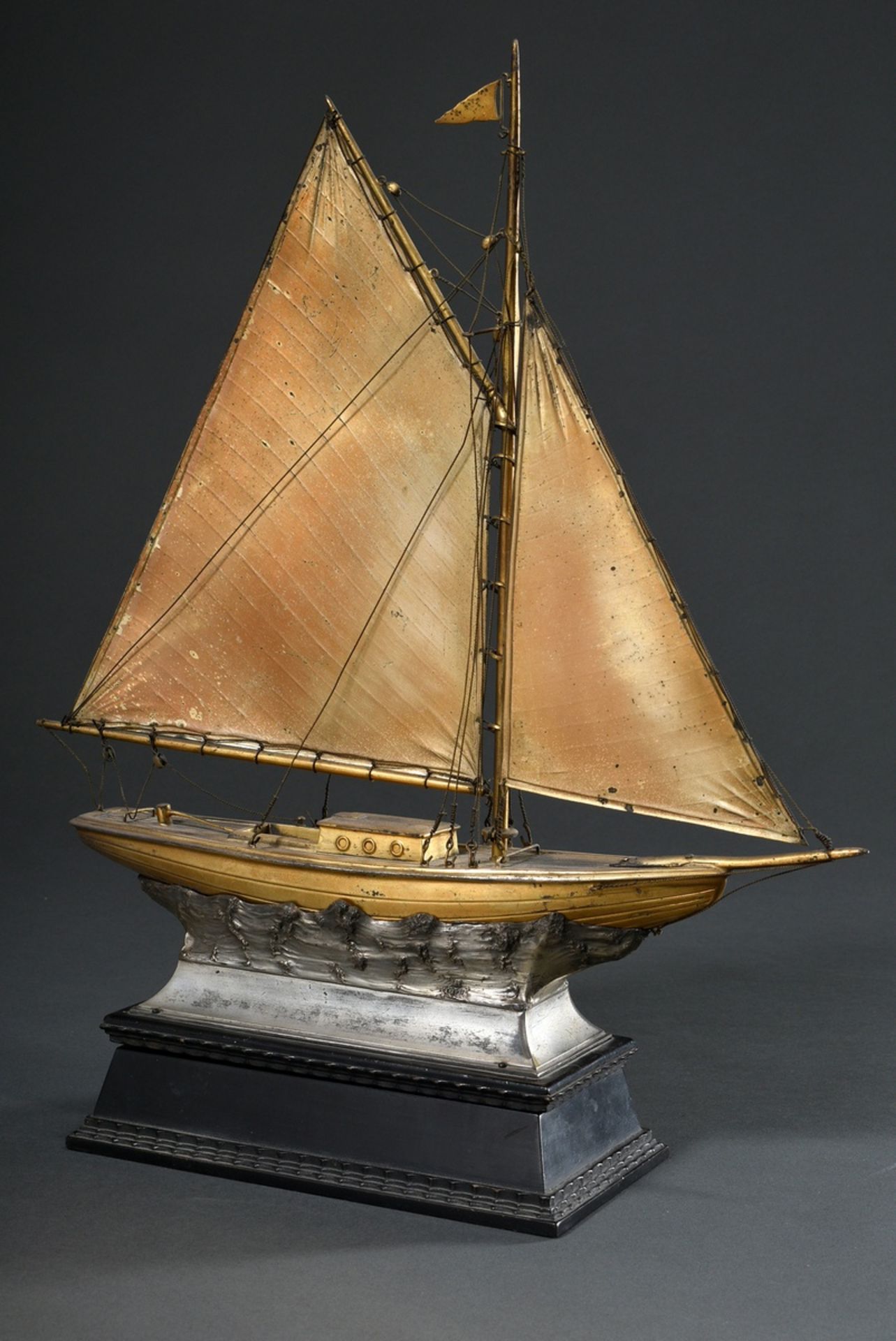 Model ship sailing price "Yacht", wood/metal, galvanised, on metal stand with sculptural waves and 