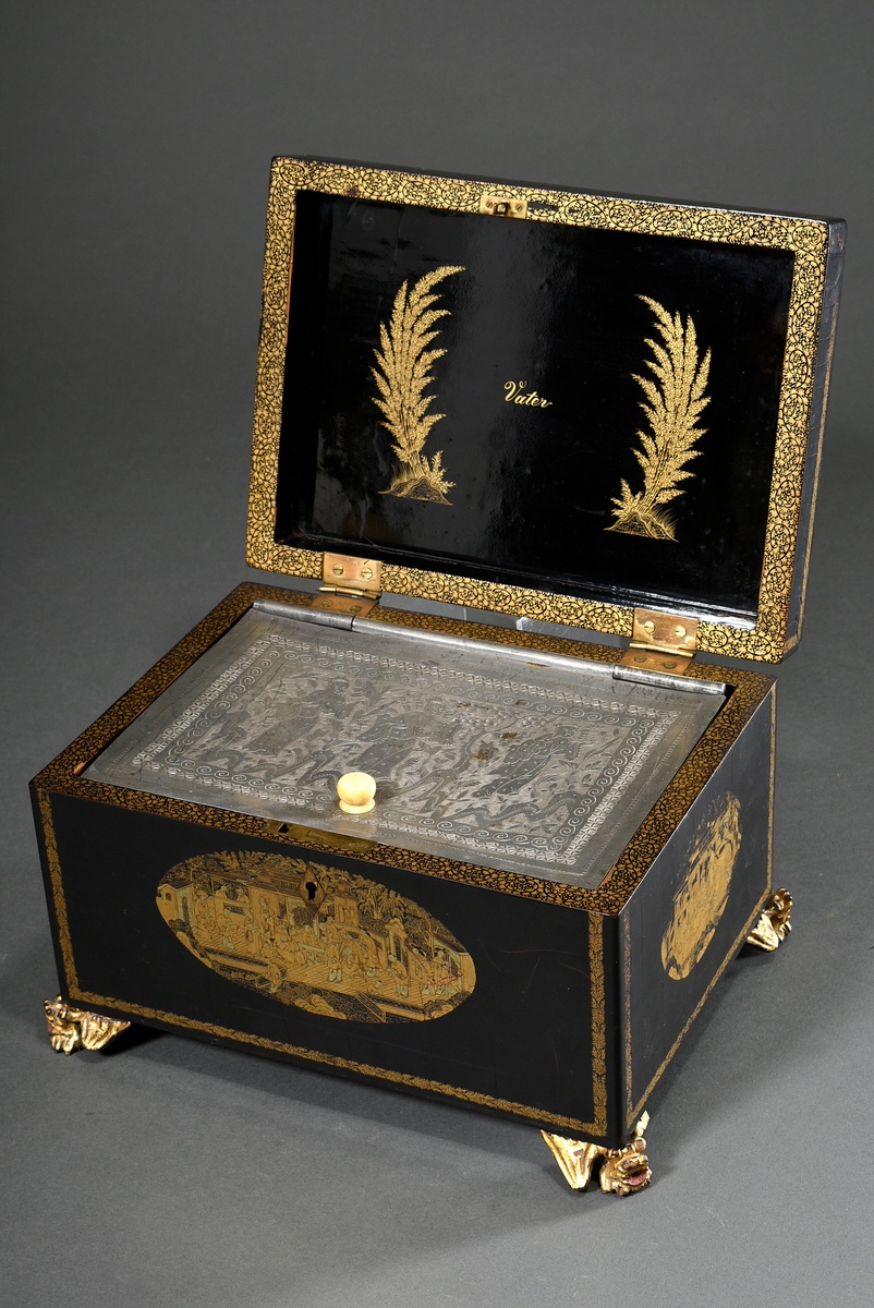 Lacquer tea chest with mythical creature feet, reserves in gold lacquer "animated courtly scenes", 