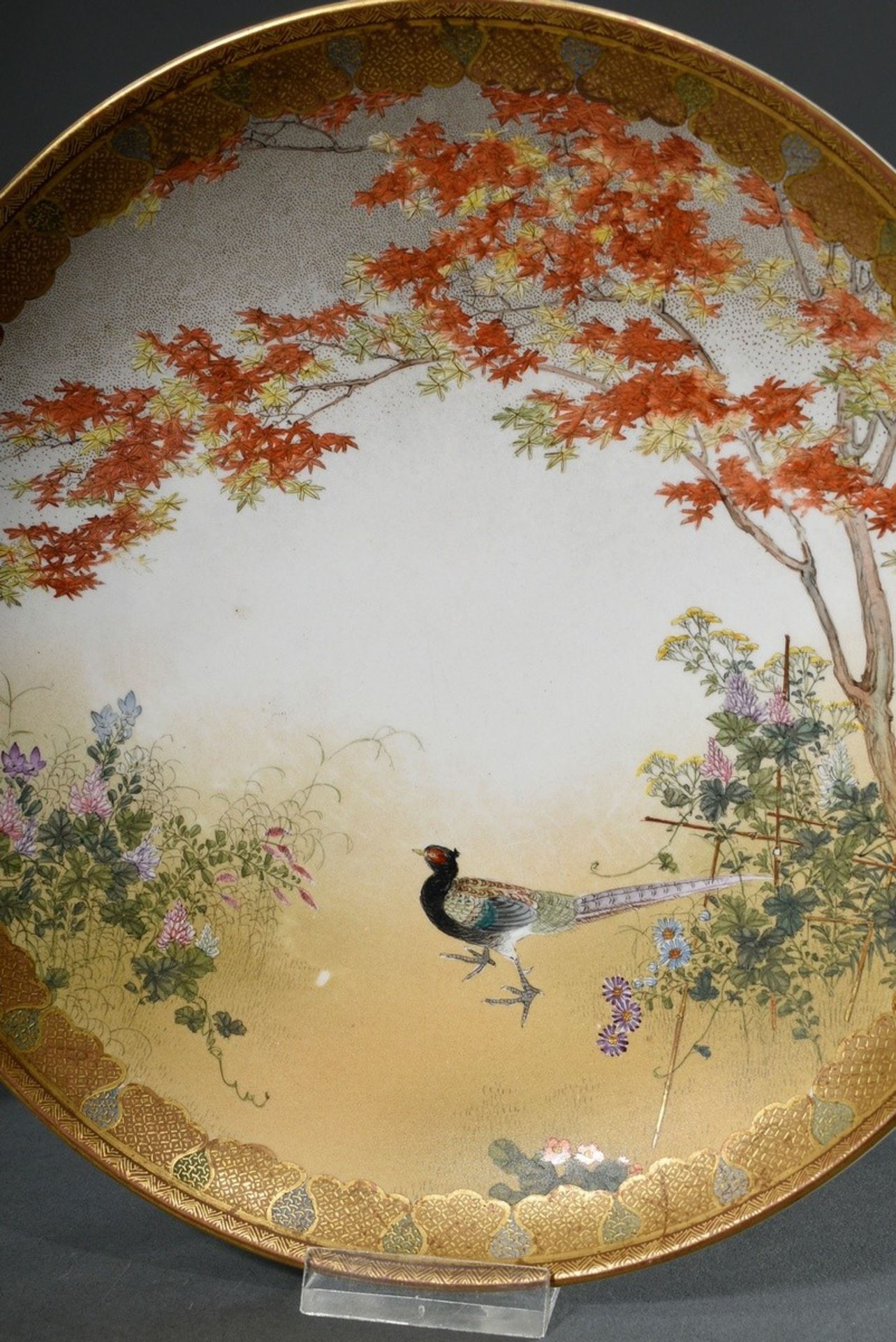 Pair Satsuma plates "Pheasant, flowers and maple" and "Cock, hen and chick under a blossoming cherr - Image 3 of 6