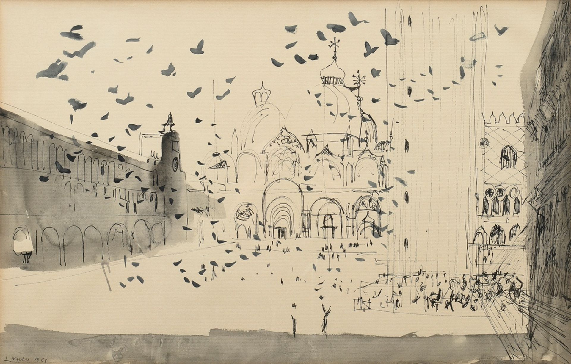 Walter, L. "Piazza San Marco" 1958, ink/aquaell, lower left sign./dat., 37,3x58cm (w.f. 51,5x71,5cm