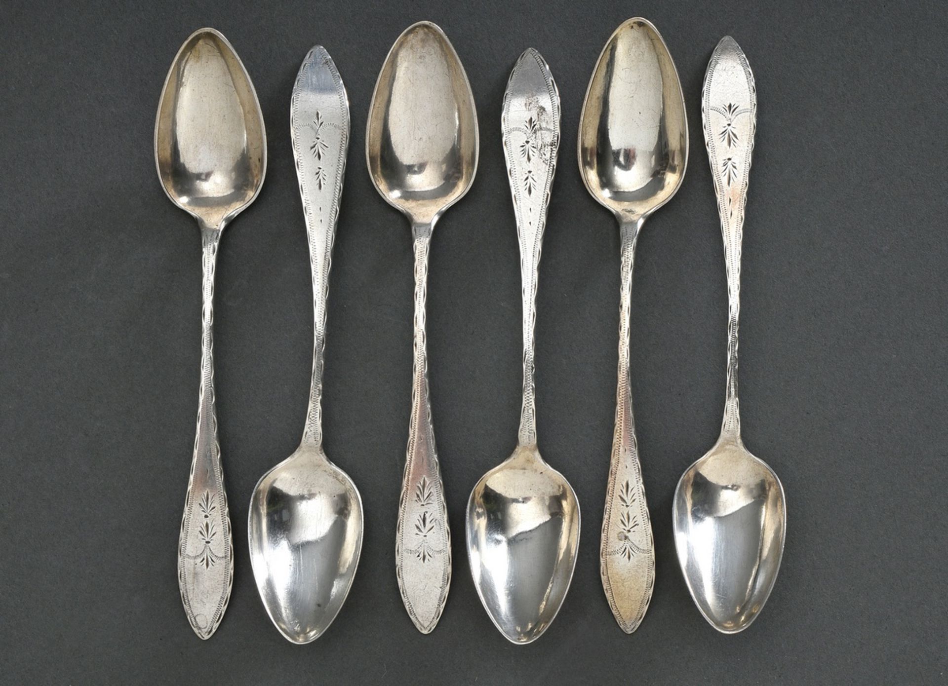 6 Various teaspoons with lancet-shaped handle and floral ornamental brightcut decoration, MM: D.F.H - Image 2 of 3