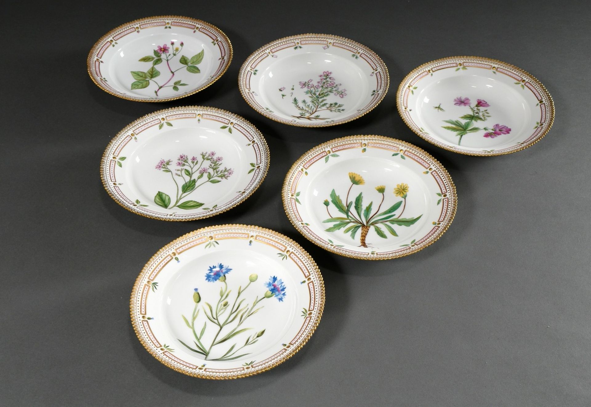 6 deep Royal Copenhagen "Flora Danica" plates with polychrome painting in the mirror and gold decor - Image 2 of 15