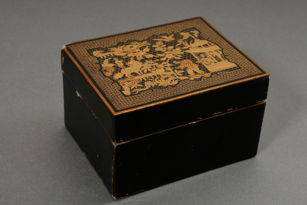 Lacquer box with gold lacquer decoration "Garden scene with people, animals and qilin", China Qing 