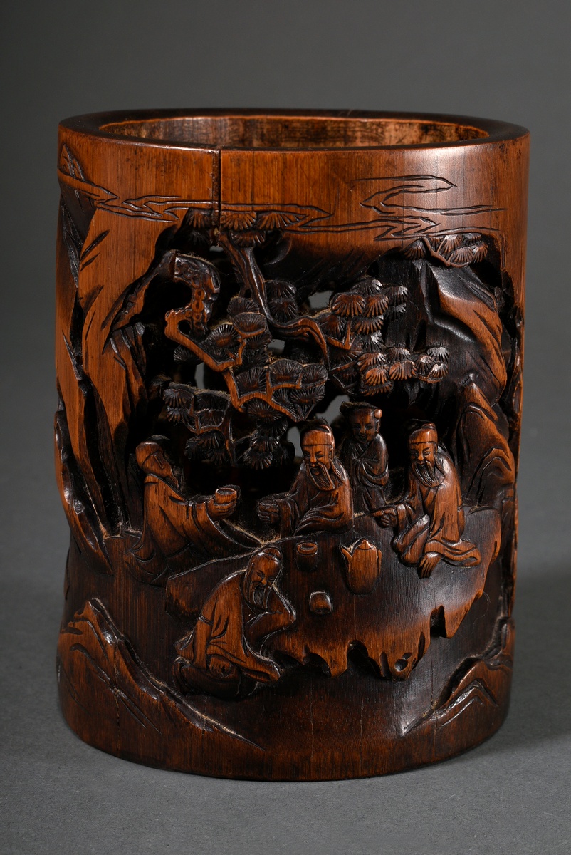 Chinese bamboo brush cup "Scholars discussing and drinking in a wooded mountain landscape", cut in 
