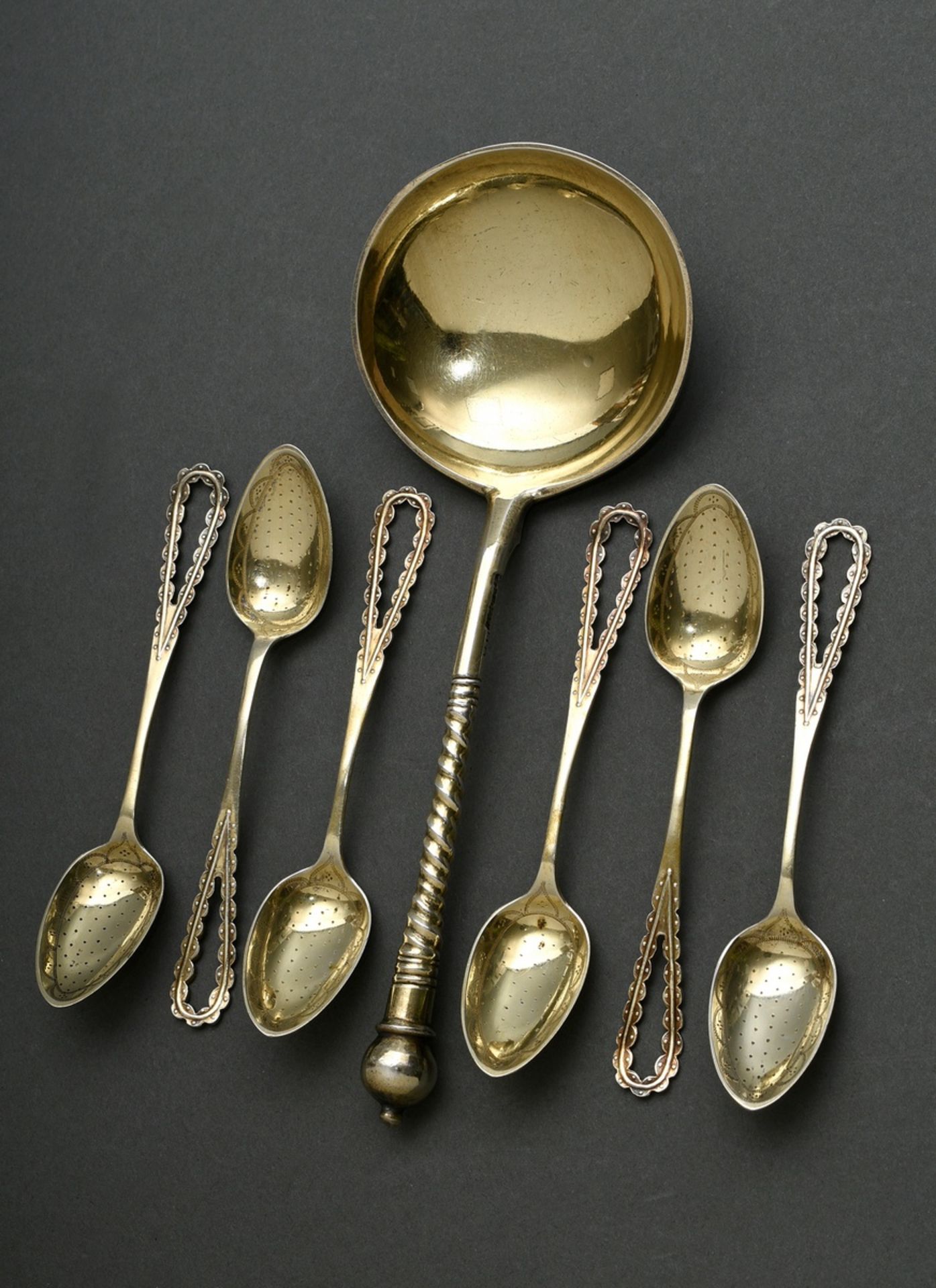 7 Various pieces of gilded cutlery, 19th century: Russian cream spoon with twisted handle and engra - Image 2 of 4