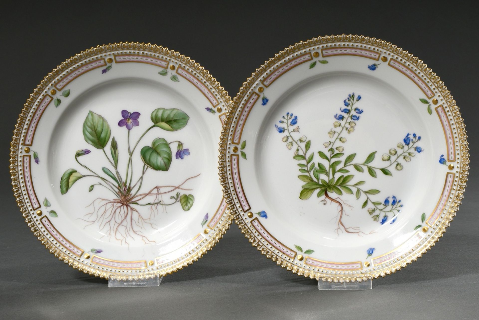 2 Royal Copenhagen "Flora Danica" Frühstücksteller mit polychromer Bemalung im Spiegel und goldstaf