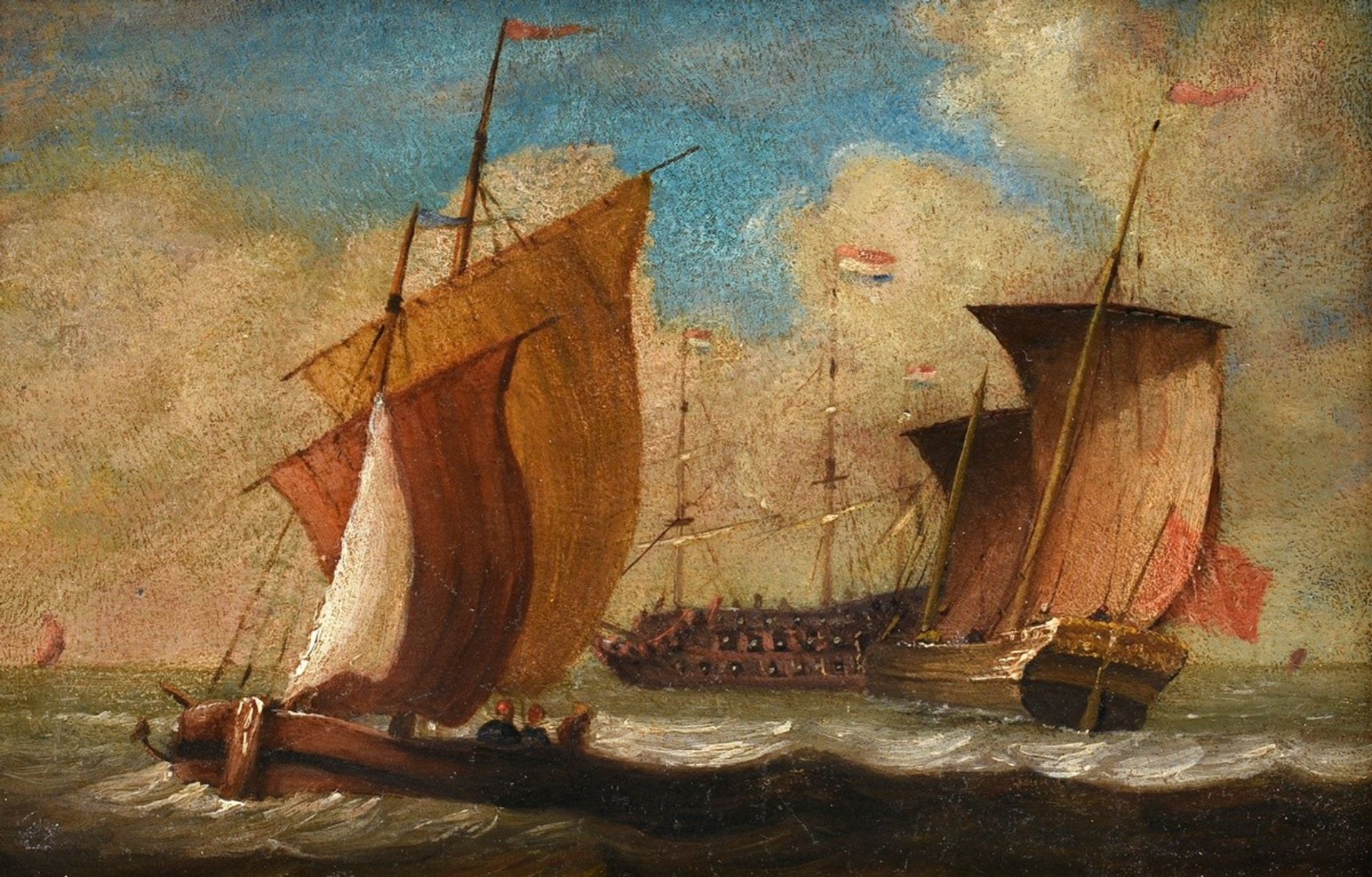 Unbekannter niederländischer Maler des 18./19.Jh. "Fregatte und Segler auf See", Öl/ Kupfer, 18x12c