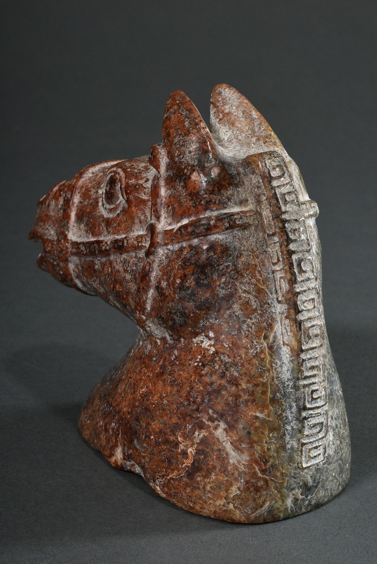 Jade "horse head", bridled and with trimmed mane, in the style of the Han dynasty, partially calcif - Image 3 of 5