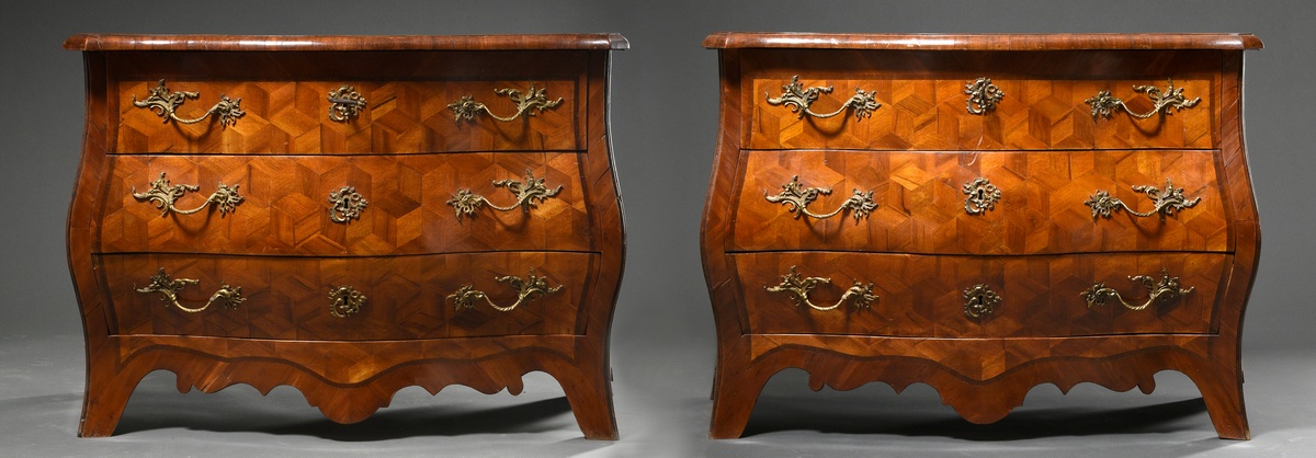 Rare pair of Franconian baroque chests of drawers with cambered corpus and optical cube marquetry a