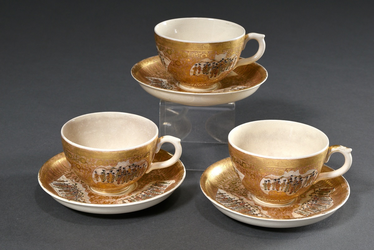 3 Satsuma cups/saucers, flawless painting with luxuriant gilding "Courtly Ladies", cartouches in th - Image 2 of 9