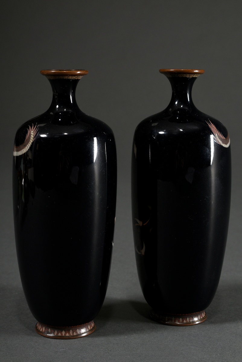 Pair of fine Japanese cloisonné vase "Dragon" on black background, maker's mark on the bottom, Meij - Image 2 of 6