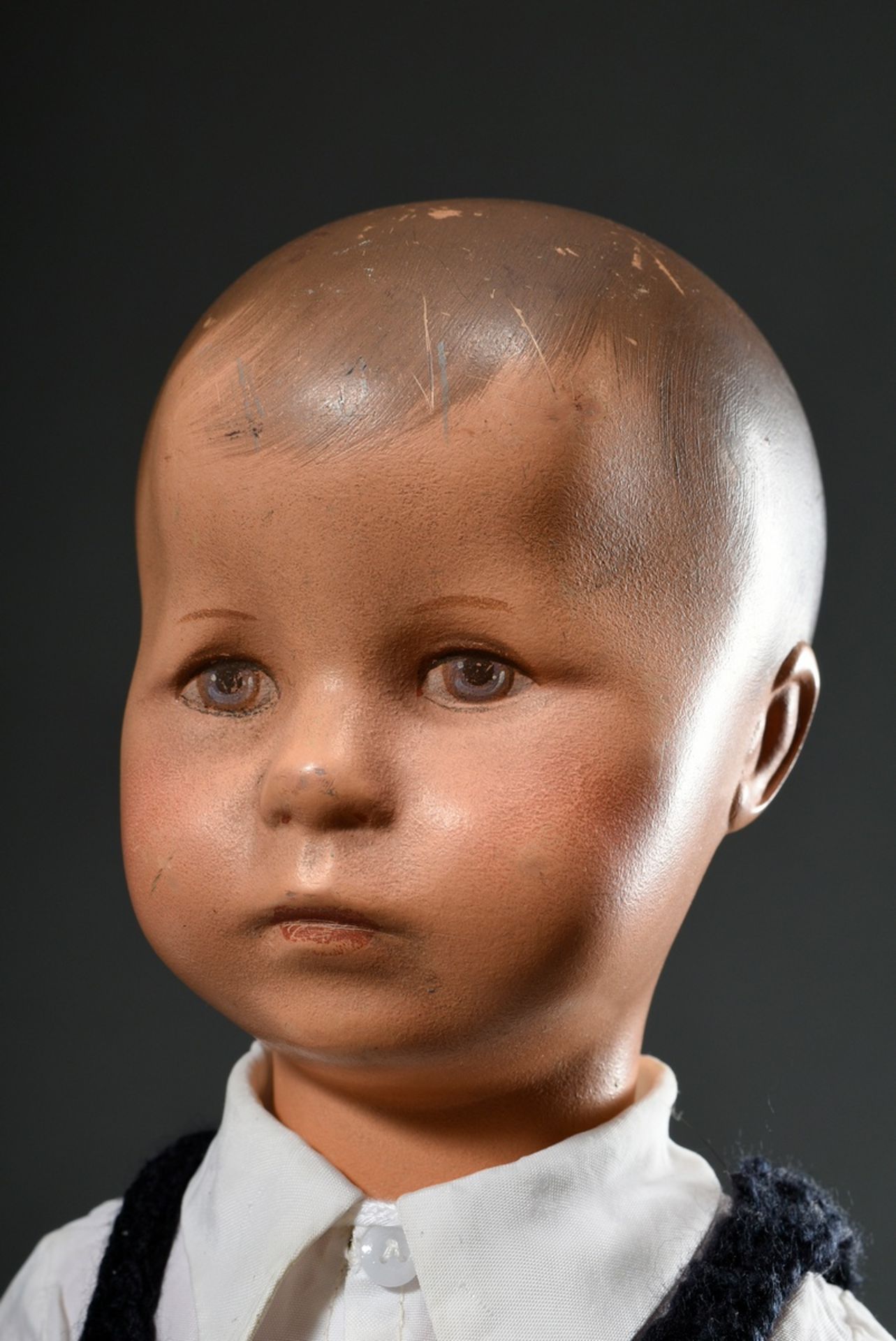Käthe Kruse doll, probably "Hampelchen", mass head with painted hair, nettle body, stamped under le - Image 3 of 6