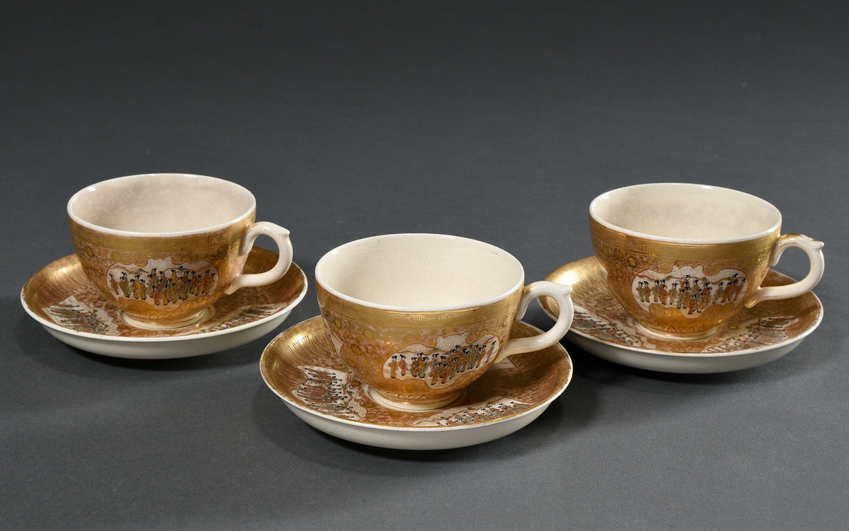 3 Satsuma cups/saucers, flawless painting with luxuriant gilding "Courtly Ladies", cartouches in th - Image 3 of 9