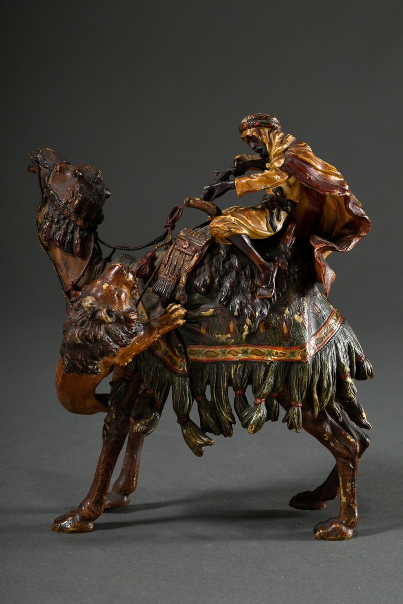 Viennese bronze "Arabian horseman on dromedary during a lion attack", coloured, vase stamp by Franz - Image 2 of 12