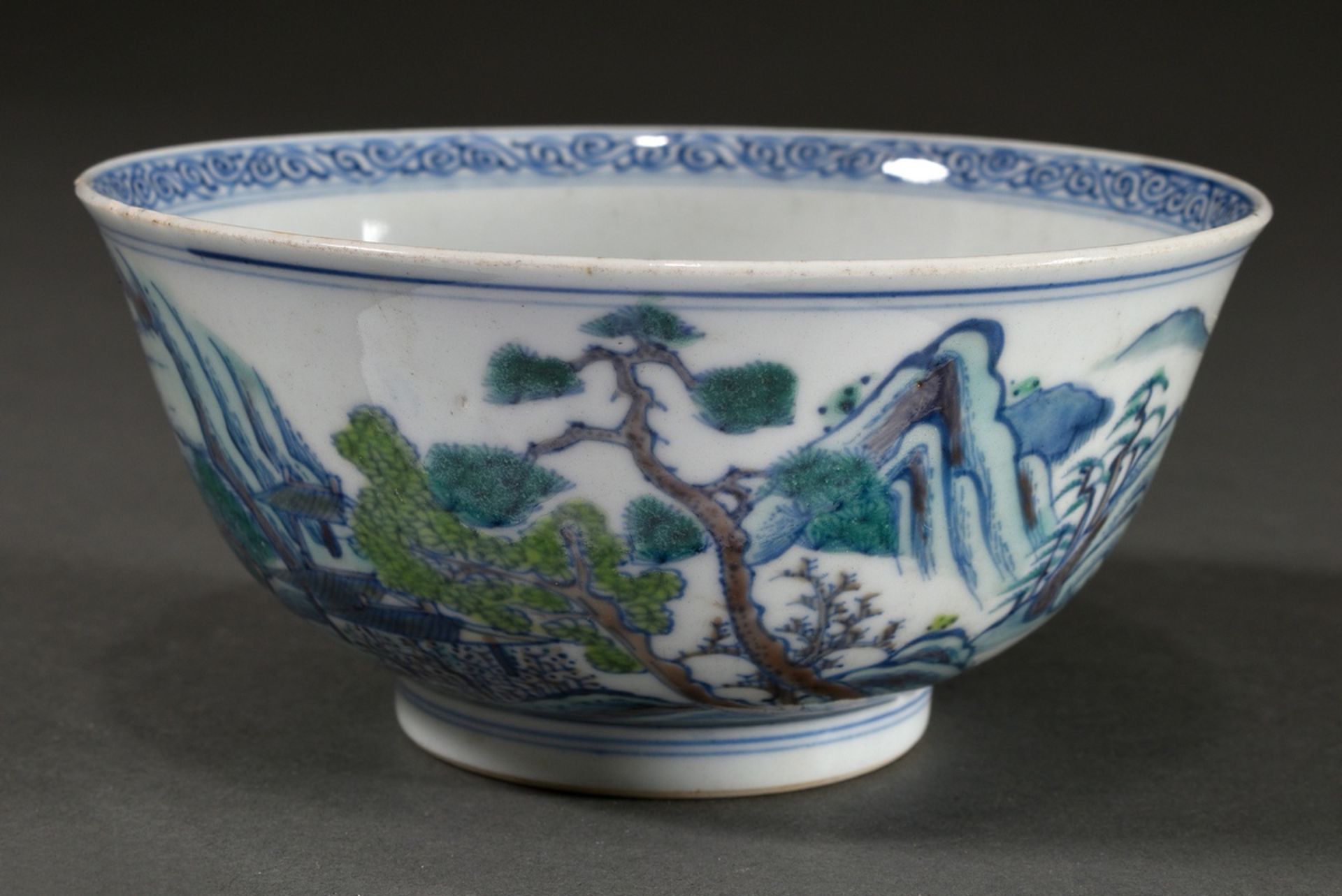 Bowl with doucai decoration "Mountain and lake landscape with staffage", China Qing Dynasty, h. 7.1