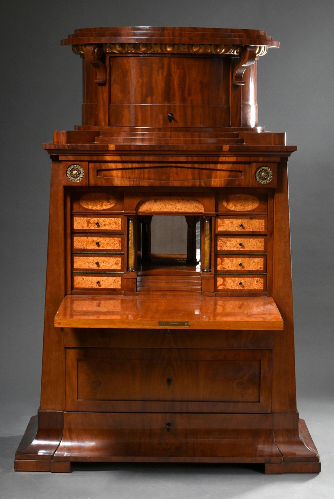 Conical Biedermeier writing cabinet with segmental arch in the writing flap, coffered drawers and d