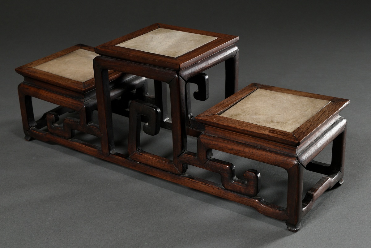 Rosewood Hongmu step presentoir with stone panels, China Qing dynasty, 17.5x46.5x14.3cm, small defe - Image 3 of 4