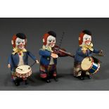 3 Schuco Tanzfiguren "Musizierende Clowns: 2 Trommler, Violinist", H. 11,5cm, 2 Schlüssel vorhanden