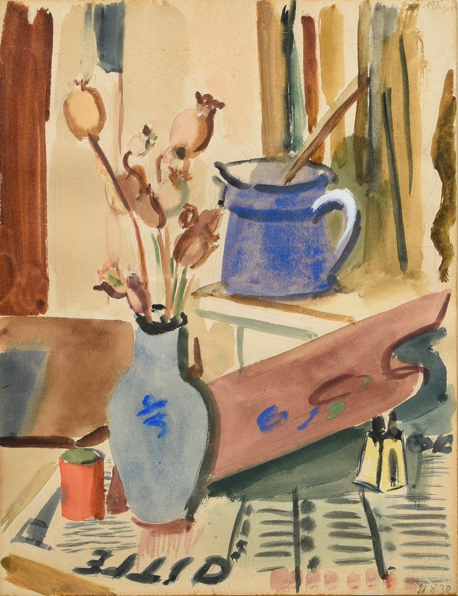 Hartmann, Erich (1886-1974) "Vase mit Mohnkapseln und Milchkrug" 1930, Bleistift/Aquarell/Pastellkr