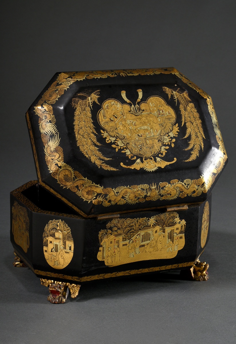 Cantonese export lacquer box with fine gold painting "Animated Everyday Scenes" and dragon framing,