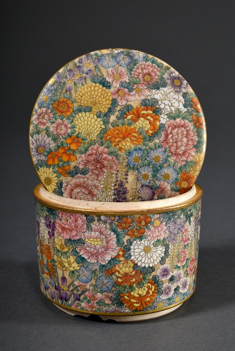 Cylindrical Satsuma box with finely detailed millefleur decoration and partial gilding, Japan Meiji