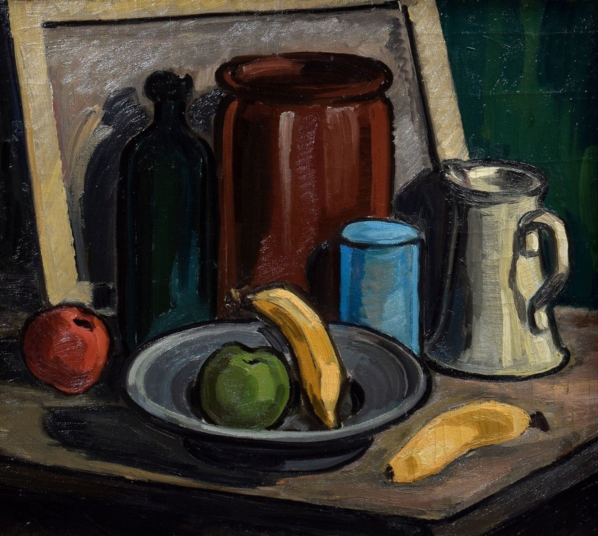 Monogrammed artist of the 20th c. "Still life with jars and fruit", oil/canvas, b.l. monogr. "C.E",