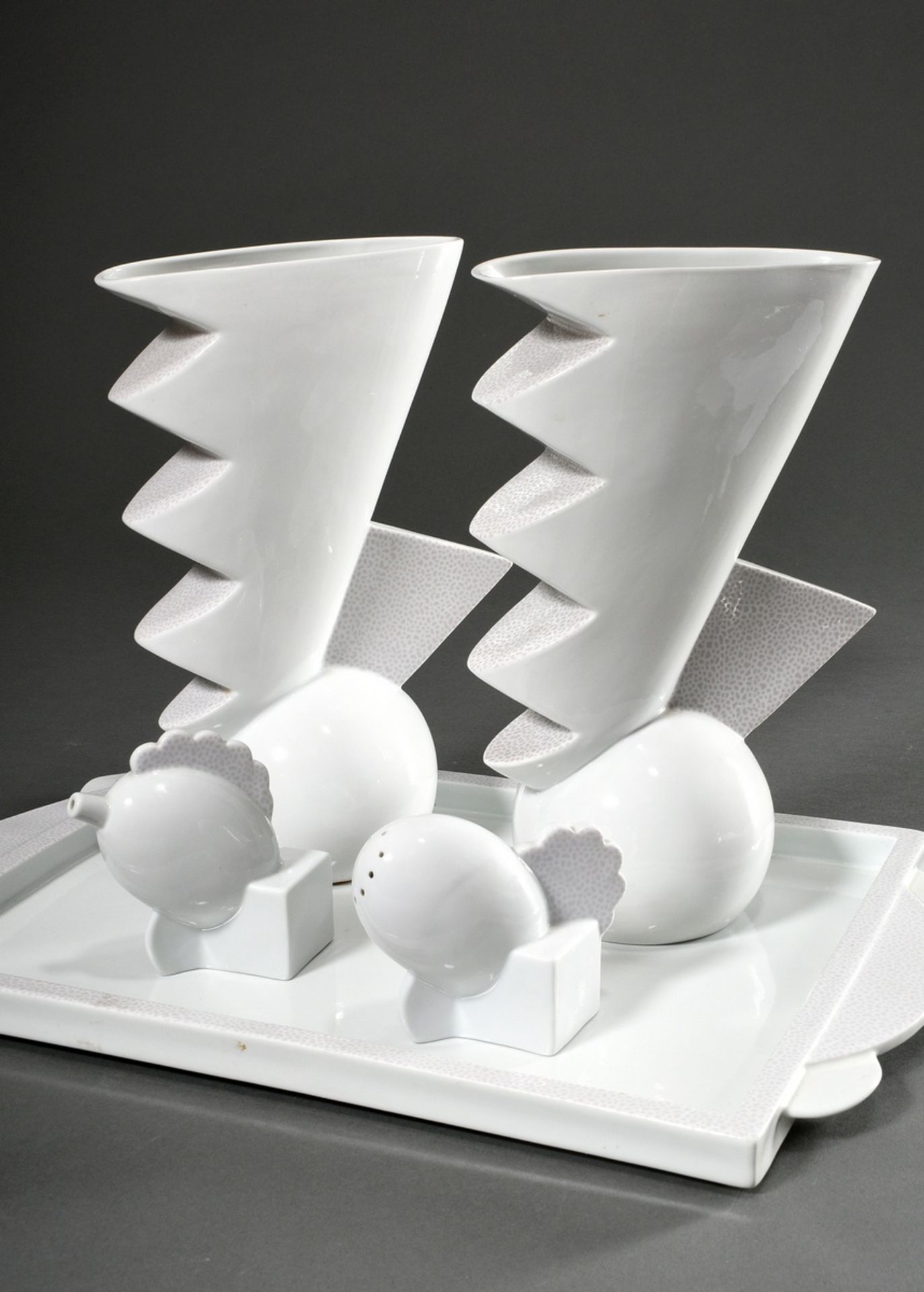 5 Various Memphis Design objects, designed by Matteo Thun in 1982, porcelain with speckled silkscre