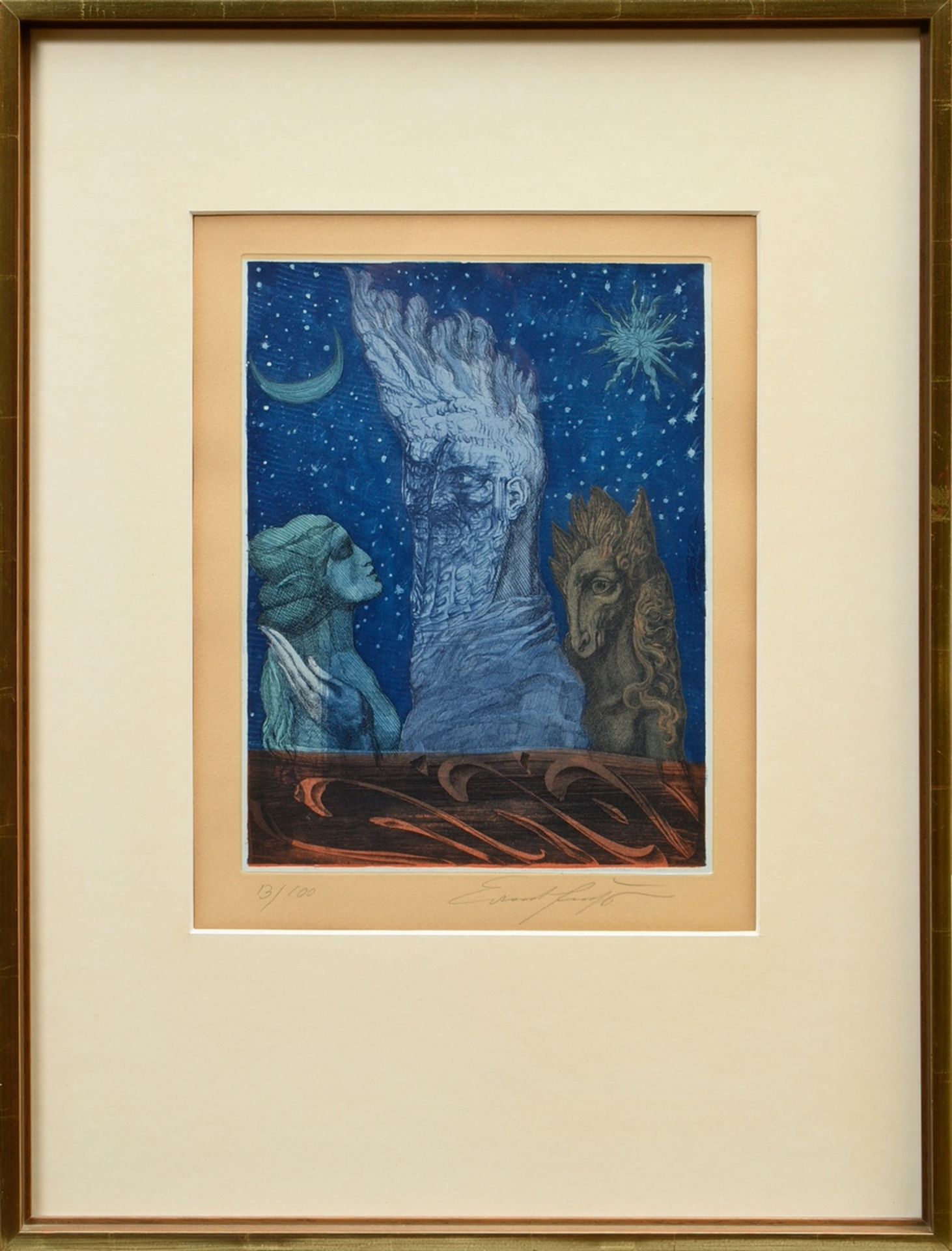 Fuchs, Ernst (1930-2015) "Lilith - Der gespaltene Adam" color etching on light blue paper, rolled o - Image 2 of 3