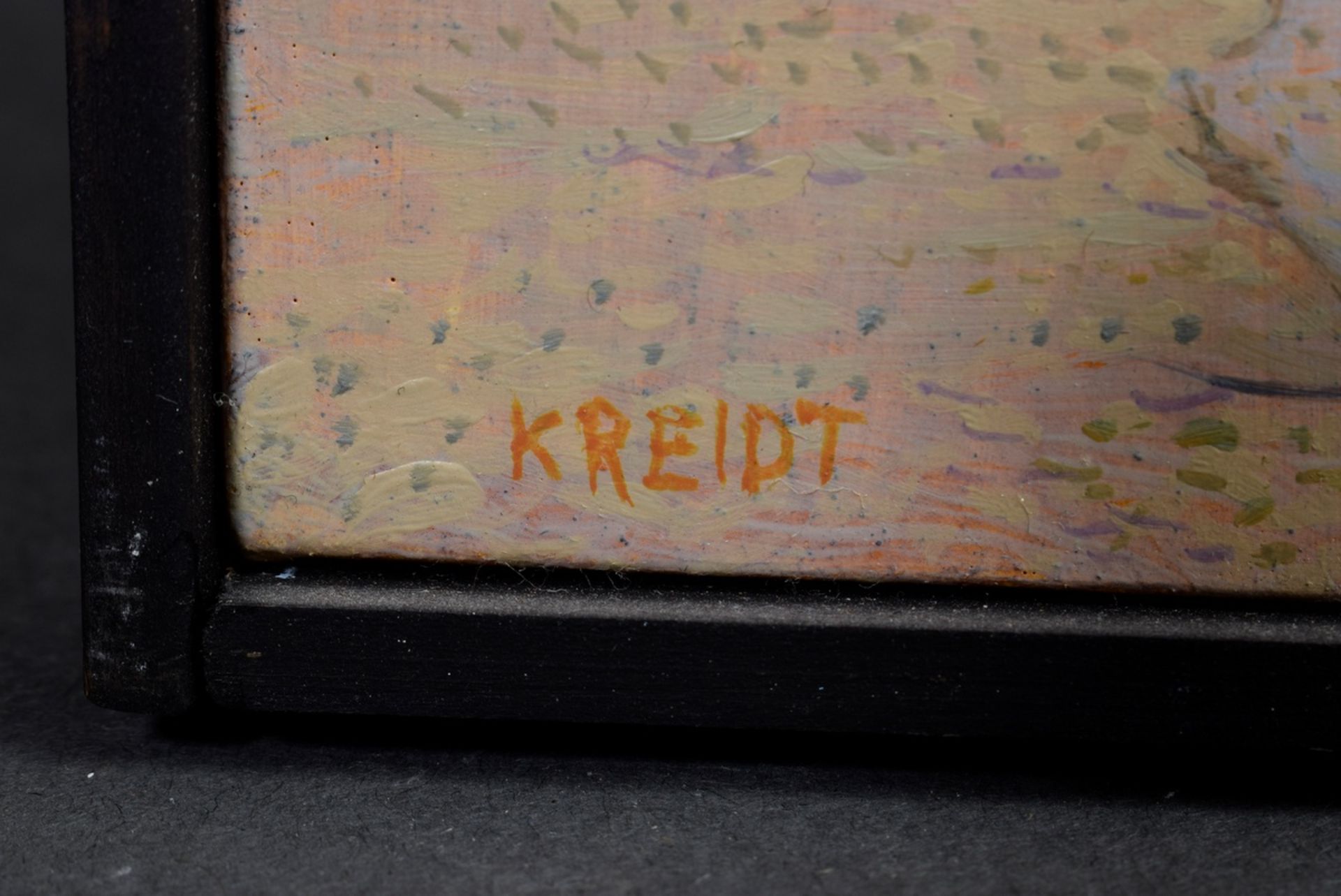 Kreidt, Fritz (1936-2020) „Kilchberg“ 2002, Öl/Platte, u.l. sign., verso bez. und Klebeetkett Galer - Bild 2 aus 3