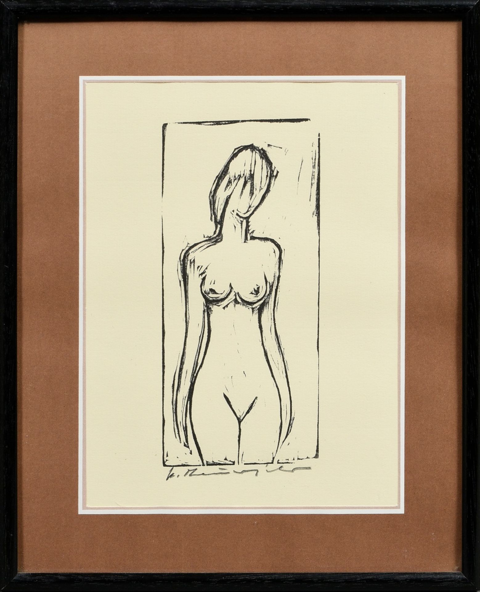 Theuerjahr, Heinz (1913-1991) "Damenakt", Holzschnitt, u. sign., PM 18,3x8,3cm (m.R. 31,5x25,5cm) - Bild 2 aus 3