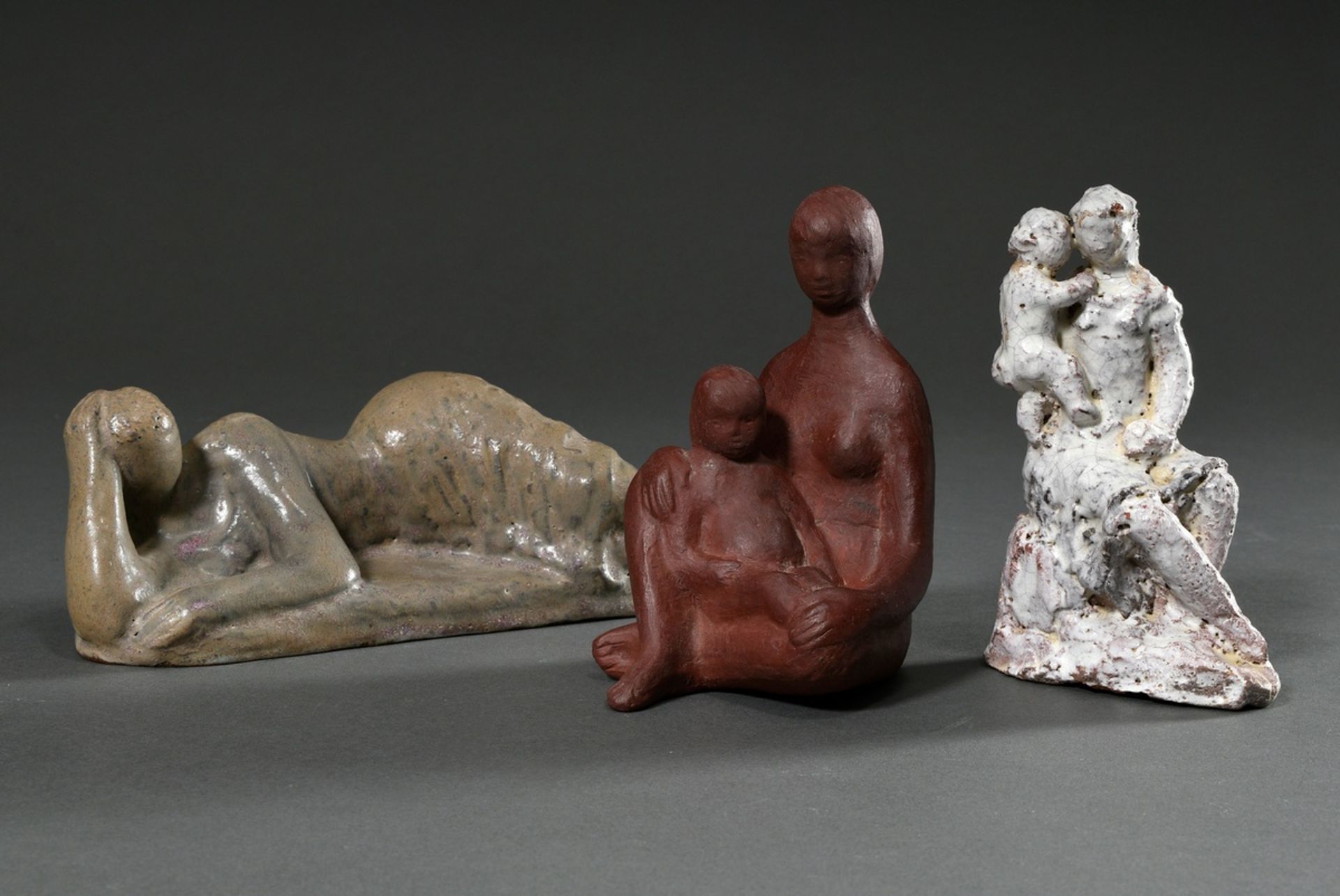 3 Various Maetzel, Monika (1917-2010) figures "Mother with child in lap", "Lying woman" and "Sittin