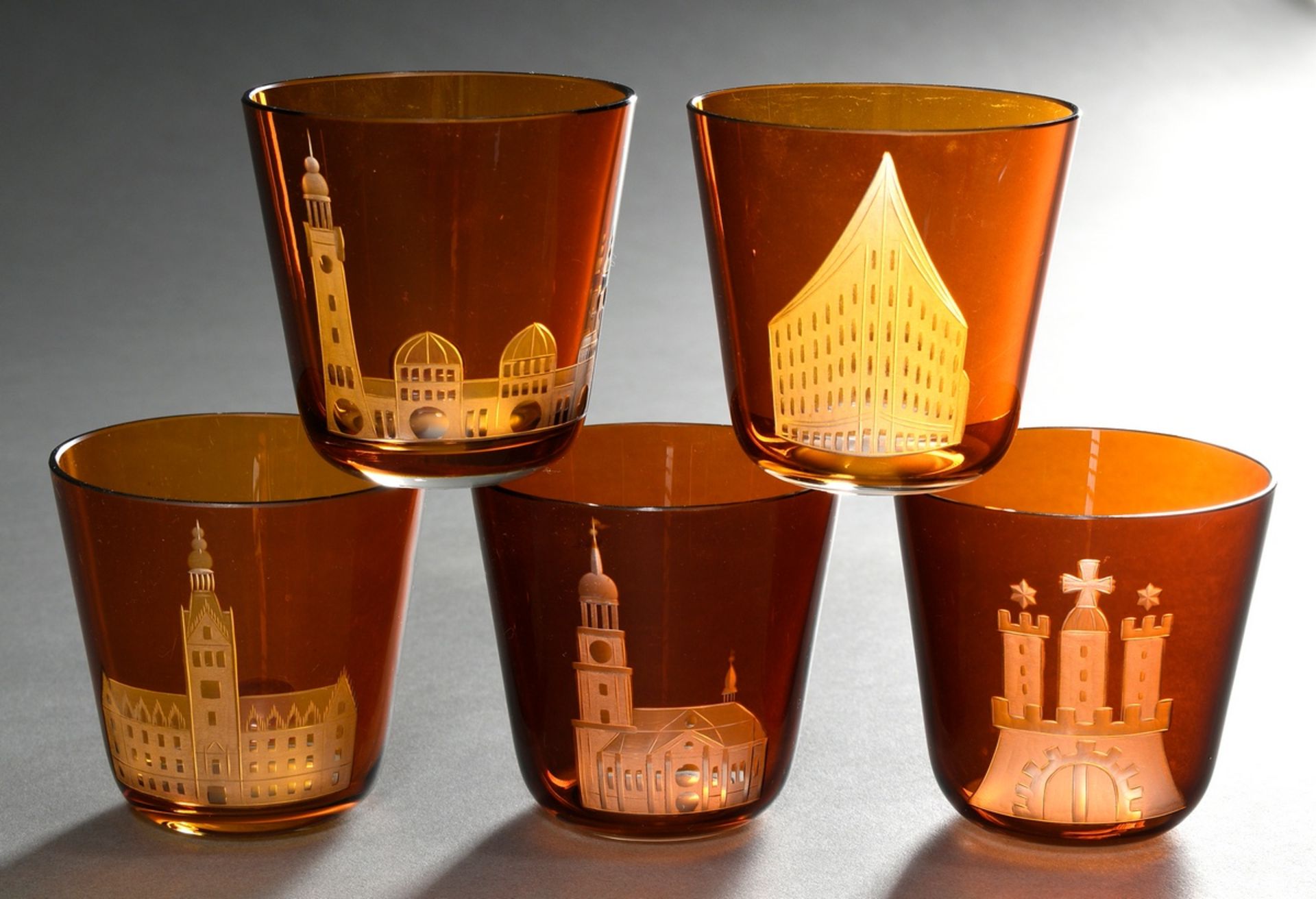 5 Rotter glasses with Hamburg motives, "St. Michaelis", "St. Pauli - Landungsbrücken", "Hamburger R