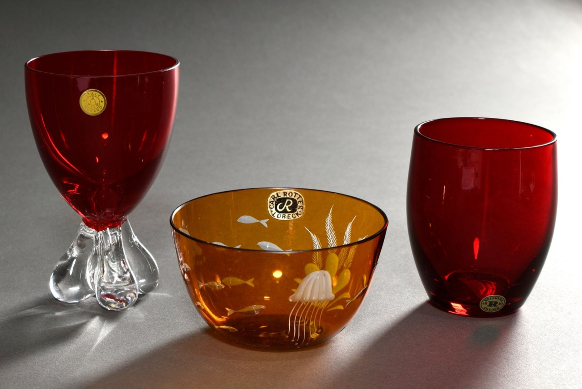 3 Various pieces of modern glass, 20th c.: orange Carl Rotter bowl "Sea Animals", red Murano goblet