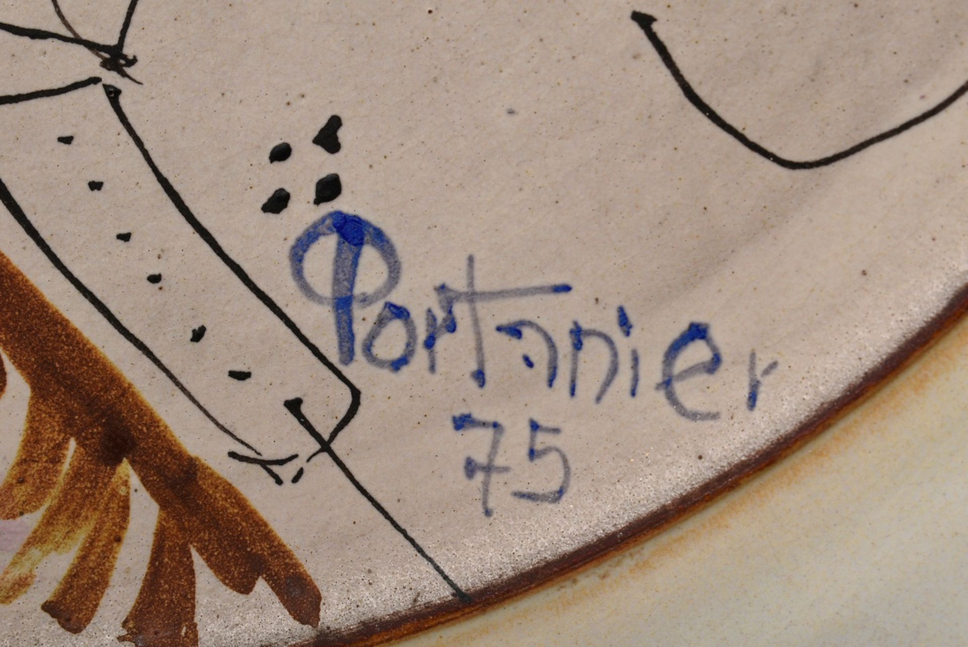 Large studio ceramic plate by Gilbert Portanier, Vallauris, with abstract image, signed Portanier ( - Image 4 of 4